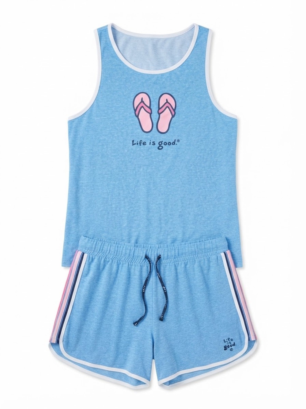 Life is Good Women's Blue Tank Top and Shorts Pajama Set Flip Flop Graphic  L